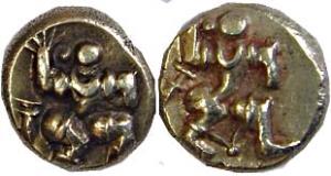 Vijayanagara, Hari Hara I (AD 1336-1356), Gold (2), Pagoda, warrior walking to right on ob