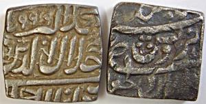 Akbar, Silver (2), Square Rupee, Kalima type, Ahmedabad and Bangala Mints. Fine to Very Fi
