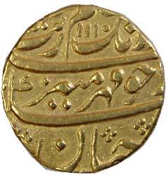 Aurangzeb, Gold, Mohur, Gulbarga Mint, AH 1110/42, mint name at bottom on rev (KM# 315.9).