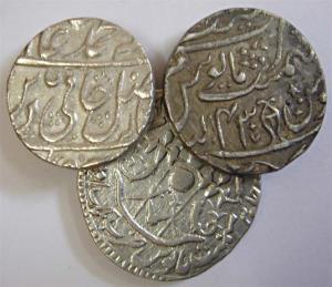 Silver (3), Rupee, Najibabad Mint, RY 18 & 43; Wajid Ali Shah, mint name variety IV. Fine 