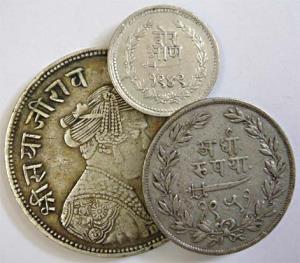 Sayaji Rao III, Silver (6), Broad flan type, Rupee and 2 Annas; Smaller Flan type, ½ Rupee