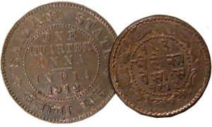 Indore, Copper, ½ Dheleka Paisa (2), 1944; Sailana, ¼ Anna, 1912, in the name of George V.