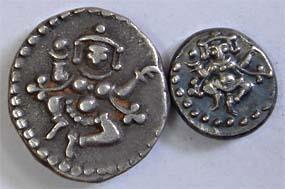 Dancing Chamunda, Silver (2), Pavali and 1/3 Pavali, Mysore Mint, anonymous (KM# 202, 200)