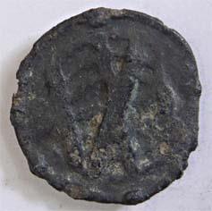 Lead, 2.9 g, Malaca issue, Earth globe on one side and three arrow symbol on the other. Fi