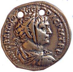Roman, Gold, Denaruis, bust without beard on obv. Two pendant holes, one chisel mark on th