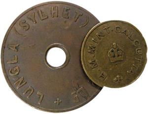 Tea Garden (2) and Mint Tokens, Lungla (Sylhet) Tea Co. Ltd., Lungla Division, Copper (2),