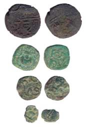 Chandragupta II, copper, two with flower vase / legend, the third Garuda above the legend 