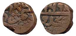 Copper ½ dam, Shahgarh urf Qannauj, AH 969, 9.9g (KM# 22.17) Swastika, good, very rare.
