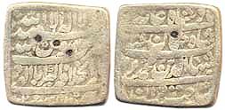 Silver square Rupee, Akbarabad (KM# 225.1), fine.