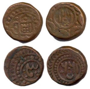 Shah Alam II3/8 copper Falus (2), AH 1202 /30 (retrograde), AH 1204 (retrograde 4) Ry-31, 