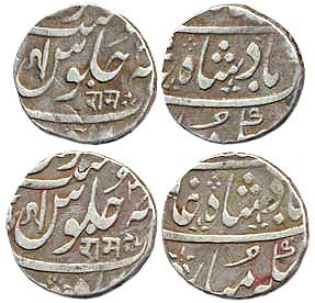 Silver Rupee in the name of Shah Alam II, Ahmedabad, AH x/3x with ankush & Ram in nagri (K