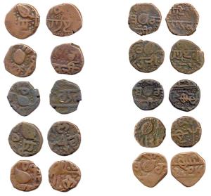 Assorted lot of Sikh copper coins, mint marks such as leaf, flower, trident, dagger, flag 