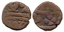 Awadh, Paisa, in the name of Shah Alam II, Najibabad, AH x/45, 4.6g, Fish mark, unlisted, 