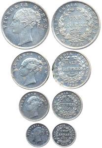 Set of Silver, Rupee, ½ Rupee, ¼ Rupee, in the name of Queen Victoria, all continuous lege