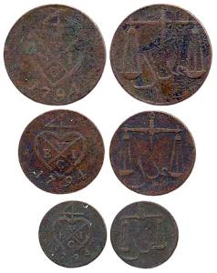 Set of Copper coins, 2 Pice (KM# 196), 1 Pice (KM# C582), ½ Pice (KM# C581), AD 1794 fine 
