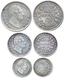 King William, set of 3 silver coins, rupee, ½ rupee, ¼ th rupee AD 1835, scarce as a set, 