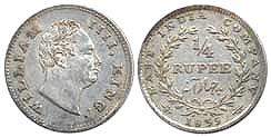 King William, 1/4th Rupee, AD 1835, 2.9 gms, very fine+.