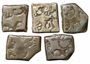 Post-Mauryan Punch-marked coins, Silver (5), Karshapana, five symbol type with one coin ha