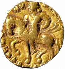 Guptas, Kumaragupta I, Gold, Stater, Horseman type, king mounted on a horse to left on obv