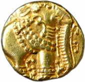 Gangas, Gold, Elephant Pagoda, ornate elephant standing to right with head raised high on 
