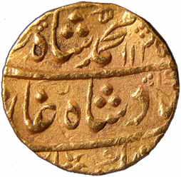 Muhammad Shah (AD 1719-1748), Gold, Mohur, Akbarabad Mint, AH 1135/4 (KM# 438.2). Very Fin