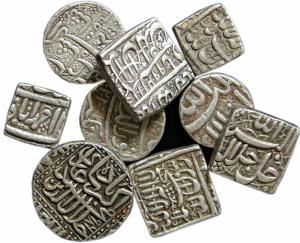 Coins of Akbar and Jahangir, Silver (9), Akbar, Rupee, Ahmedabad Mint, square (2); ½ Rupee
