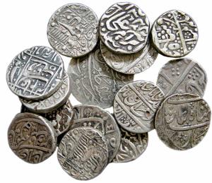 Assorted lot of Silver (340, Rupee (31) and ½ Rupee (3). Various Mughal rulers, and mints,