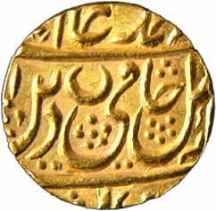 Najibabad Mint, Gold, Mohur, in the name of Shah Alam II, RY 37, mint name at top on rev w