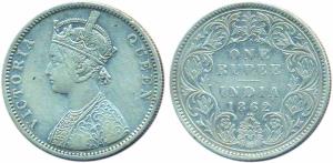 Victoria Queen, 1 Rupee, 1862, bust A, reverse 1, 1 dot above, 2 dots below (unrecorded in