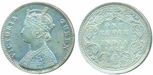 Victoria Queen, 1 Rupee, 1862, bust A, reverse 1, 0 dot above, 4 dots below, (KM #473.1). 