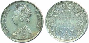 Victoria Queen, 1 Rupee, 1862, bust A, reverse 2, 0 dot above, 11 dots below (unrecorded i