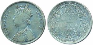 Victoria Queen, 1 Rupee, 1862, bust A, reverse 2, 1 dot above, 10 dots below (KM #473.1). 