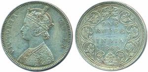 Victoria Queen, 1 Rupee, 1862, bust A, reverse 2, 2 dots above, 4 dots below (KM #473.1). 