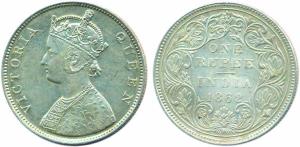 Victoria Queen, 1 Rupee, 1862, bust B, reverse 2, 0 dot above, 6 dots below (KM #473.1). V