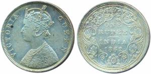 Victoria Queen, 1 Rupee, 1862, bust B, reverse 2, 0 dot above, 7 dots below (KM #473.1). V