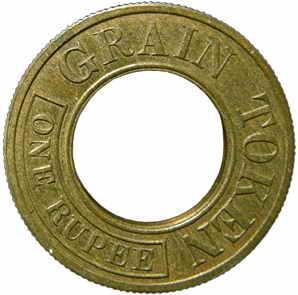 Famine Relief Grain Token, 1 Rupee, Brass, 5.2 g, Proof, Grain Token / One Rupee on obv; F