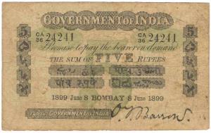 Rupees 5, green under print, Bombay circle, signed O. T. Barrow, 08th Jun 1899, (Jhun #1.1