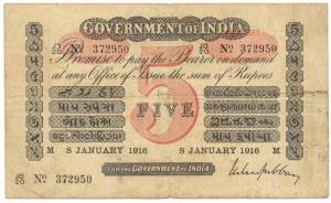 Rupees 5, red under print, Madras circle, signed M. M. S. Gubbay, 8th Jan 1916, (Jhun #1.5