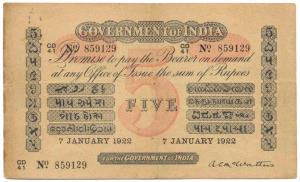 Rupees 5, red under print, Universal, signed A. C. Mc. Watters, 7th Jan 1922, (Jhun #1.6.2