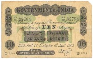 Rupees 10, green under print, Calcutta circle, signed A. F. Cox, 16th Jan 1902, (Jhun #2.2