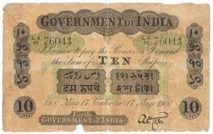 Rupees 10, green under print, Calcutta circle, signed A. F. Cox, 17th May 1900, (Jhun #2.1