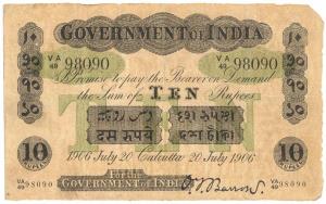 Rupees 10, green under print, Calcutta circle, signed O. T. Barrow, 20th Jul 1906, (Jhun #