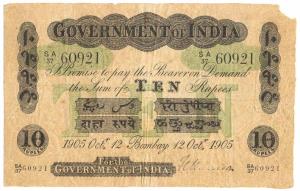 Rupees 10, green under print, Bombay circle, signed F. C. Harrison, 12th Oct 1905, (Jhun #