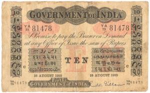 Rupees 10, red under print, Calcutta circle, signed R. W. Gillan, 18th Aug 1910, (Jhun #2.