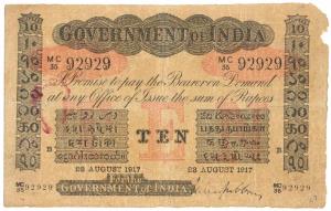 Rupees 10, red under print, Bombay circle, signed M. M. S. Gubbay, 23rd Aug 1917, (Jhun #2