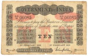 Rupees 10, red under print, Karachi circle, signed M. M. S. Gubbay, 27th Feb 1918, (Jhun #