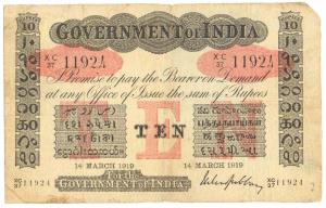 Rupees 10, red under print, Universal, signed M. M. S. Gubbay, 14th Mar 1919, (Jhun #2.4.1