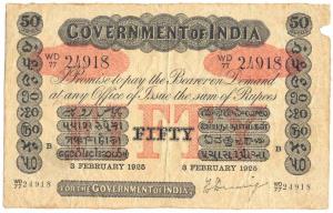 Rupees 50, red under print, Bombay circle, signed H. Denning, 3rd Feb 1925, (Jhun #4.3B.4)