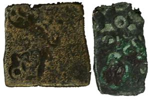 Punch-marked (2), Gandhara Janapada, Copper, 11.5 g, 20x14 mm, double symbol type (Rajgor 