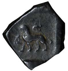 Taxila, Copper, uninscribed, lion walking to left on obv and elephant walking to right on 